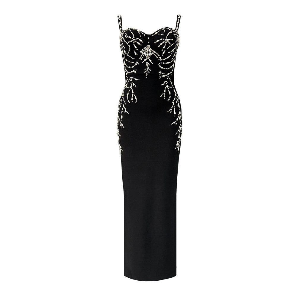 Heavy Industry Beads Diamond Strap Bandage One Piece Dress Dinner Party Party Evening Dress Maxi Dress