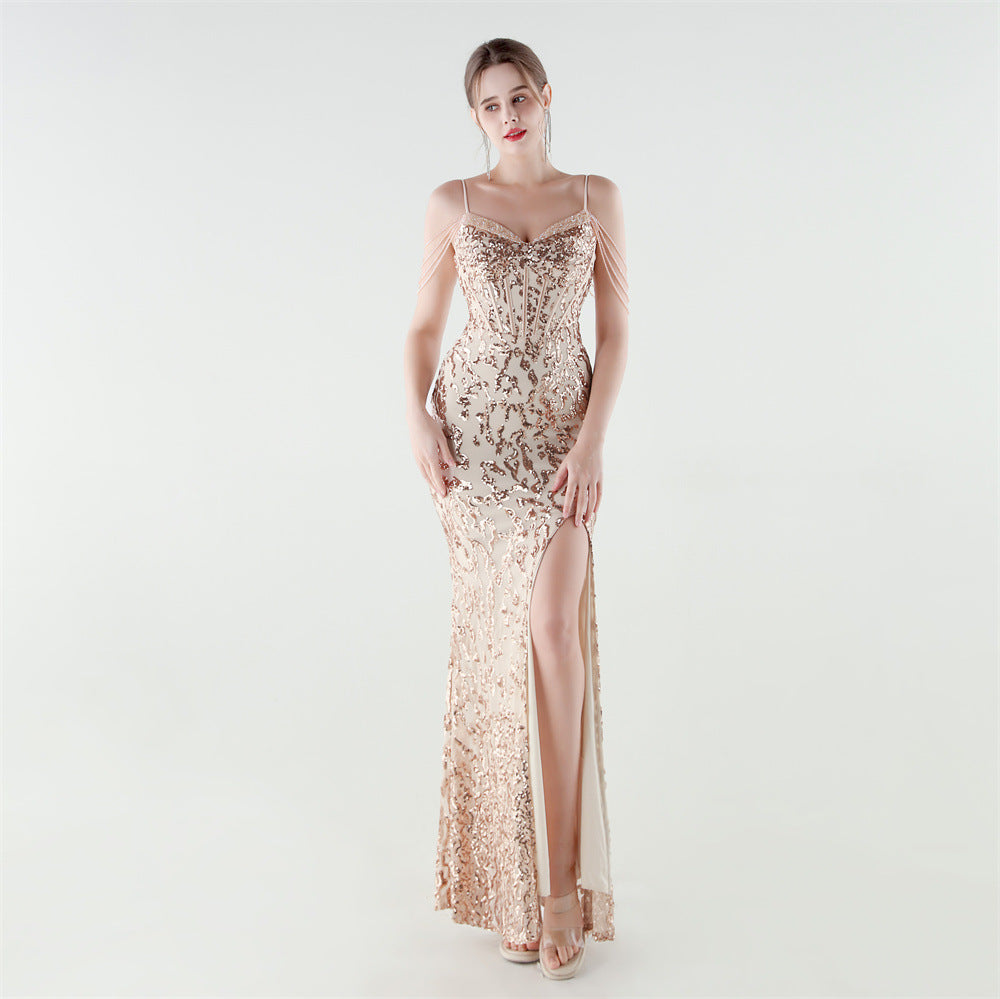 Heavy Industry Sequin Beaded Boning Corset Waist Tight Evening Dress