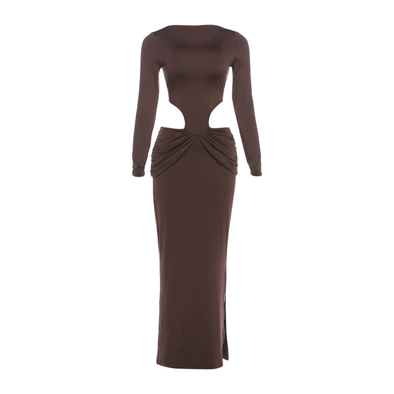 Autumn Winter Women Solid Color round Neck Hollow Out Cutout Sexy Slim Fit Side Slit Long Sleeve Dress