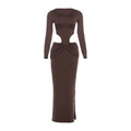 Autumn Winter Women Solid Color round Neck Hollow Out Cutout Sexy Slim Fit Side Slit Long Sleeve Dress