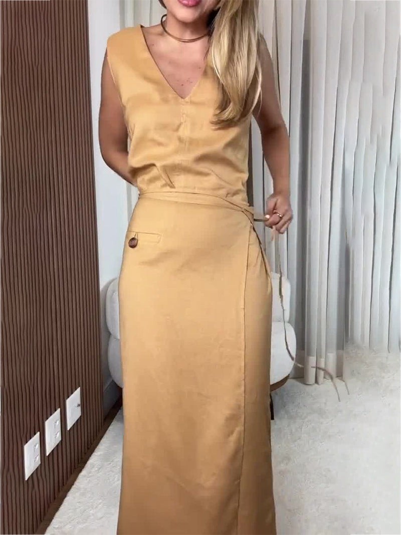 V Neck Sleeveless Irregular Asymmetric Lace Up Slim Dress Faux Two Piece Split Women Clothing