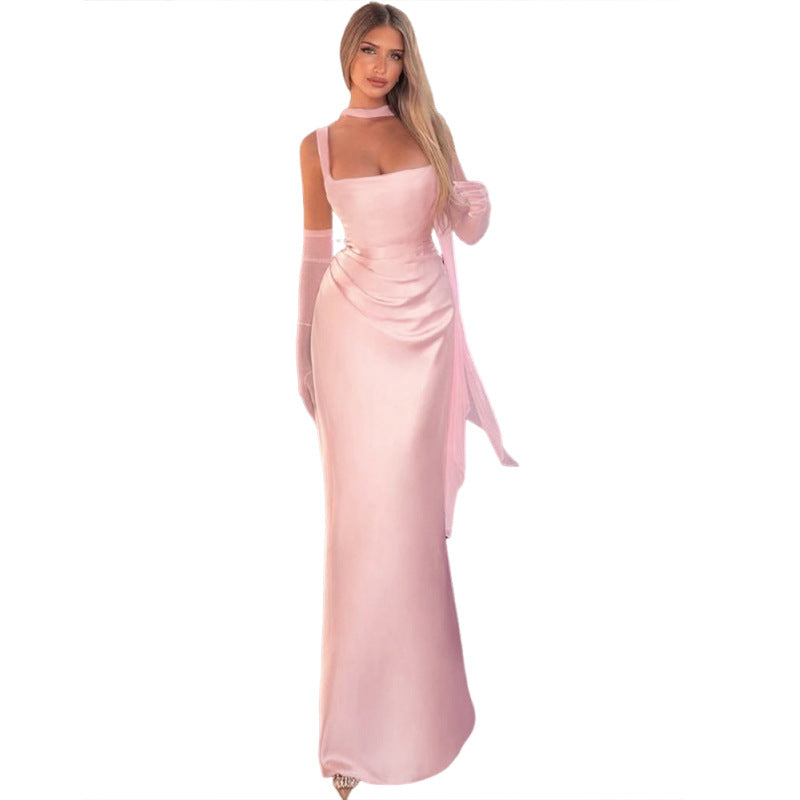 Autumn Winter Women Clothing Solid Color Scarf Collar Pleated Sexy Slim Fit Backless Dress for Women