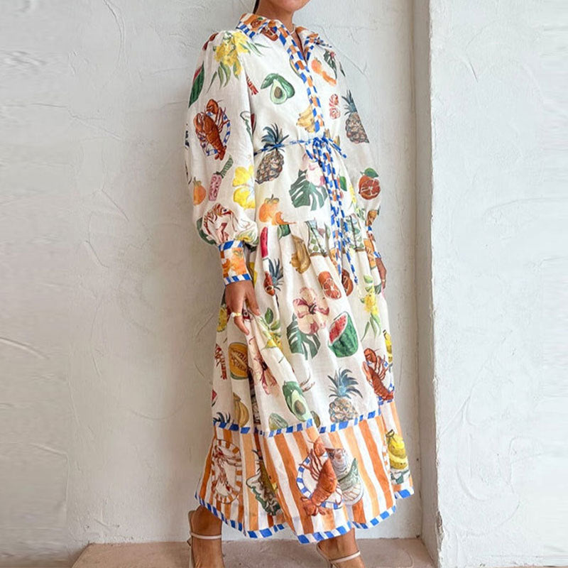 Women Elegant Lantern Sleeve Printed Long Collared Waist Tight Long Sleeve Dress Women