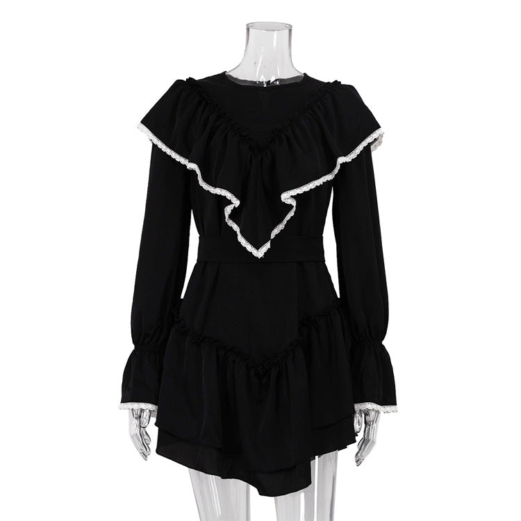 Autumn Bell Sleeve Ruffled Dress for Women Dignified Sense of Design Black Dress