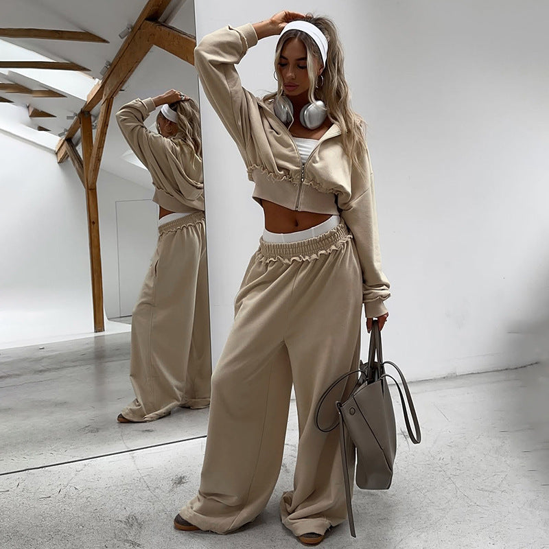 Autumn Cropped Short Type Hooded Jacket High Waist Wide Leg Casual Trousers Suit Women