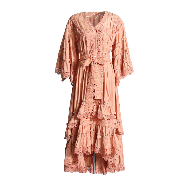 Bohemian Irregular Asymmetric Maxi Dress V neck Bell Sleeve Machine Embroidery Tied Dress Women Summer