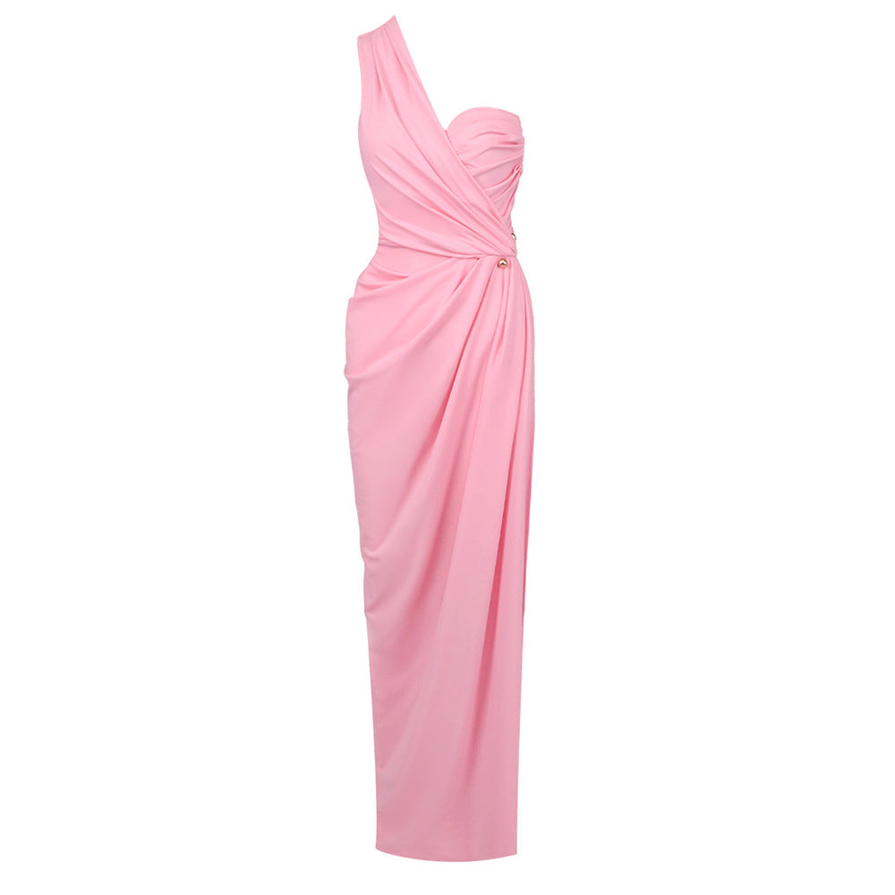 Women Clothing Party Sexy One Shoulder Diagonal Collar Pleated Dinner Gown Pink Maxi Dress