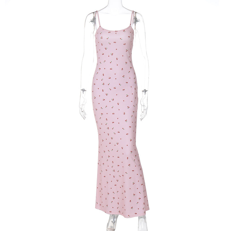 Fresh Sweet Sling Slim Fit Sheath Long Floral Dress Women