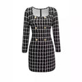 Women Dress Women Clothing Elegant Office Square Collar Plaid Printed Fastener Decoration Long Sleeve Dress