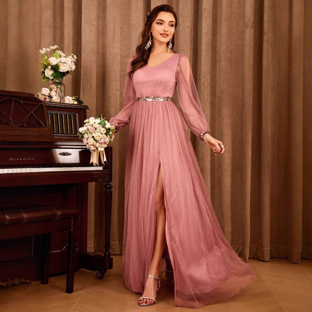 V neck Mesh Dress Long Sleeve Split Birthday Host Formal Dress Elegant Evening Dress Women