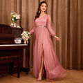 V neck Mesh Dress Long Sleeve Split Birthday Host Formal Dress Elegant Evening Dress Women