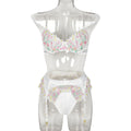 Women Clothing Sexy Lingerie Exquisite Embroidered Floral Stitching Satin Fresh Sweet Three Piece Set