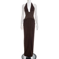 Women Clothing Fall/Winter Sexy Halter Lace up Deep V Plunge neck Backless Slit Dress for Women