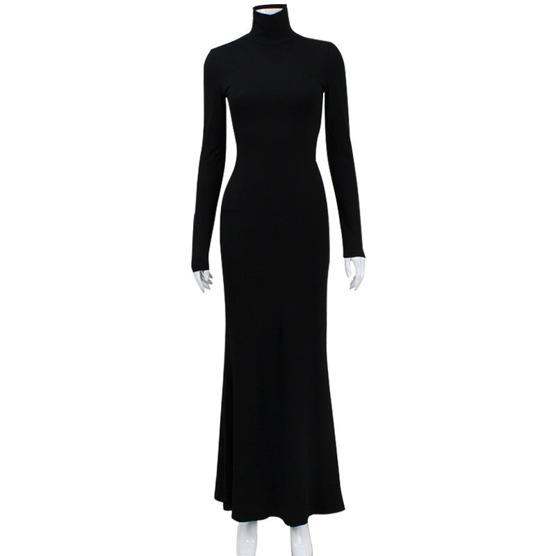 Women Clothing Autumn Winter Sexy Turtleneck Long Sleeve Tight High Waist Dress Solid Color Dress