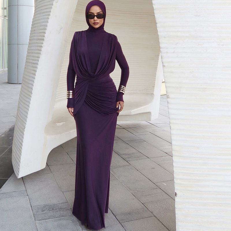Autumn Winter Slim Half Turtleneck Solid Color Irregular Asymmetric Elegant Dress Women Clothing