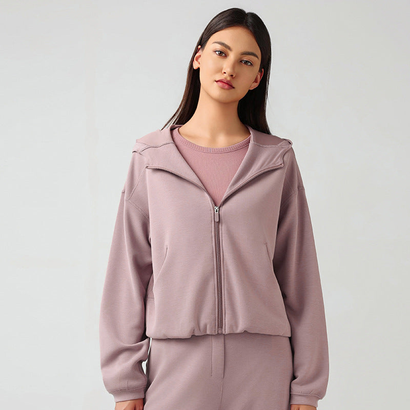 Hooded Zip Cardigan Coat Women Autumn Winter Loose Fitting Casual Pullover Running Fitness Sports Top