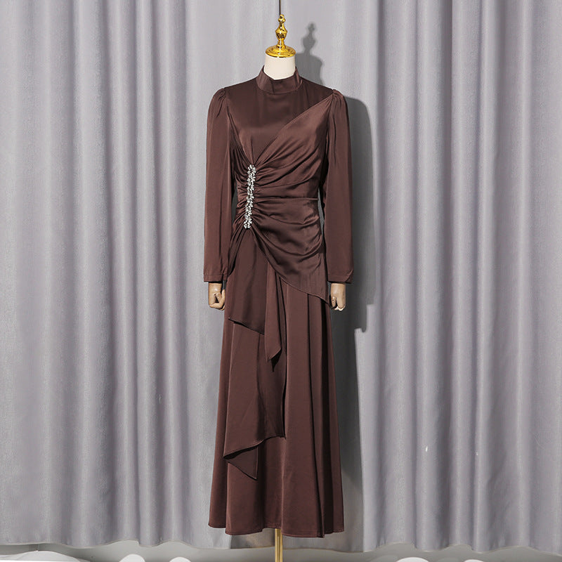 Elegant Palace Light Luxury Formal Dress Women Clothing Autumn Solid Color Diamond Pleated Long Sleeve Dress