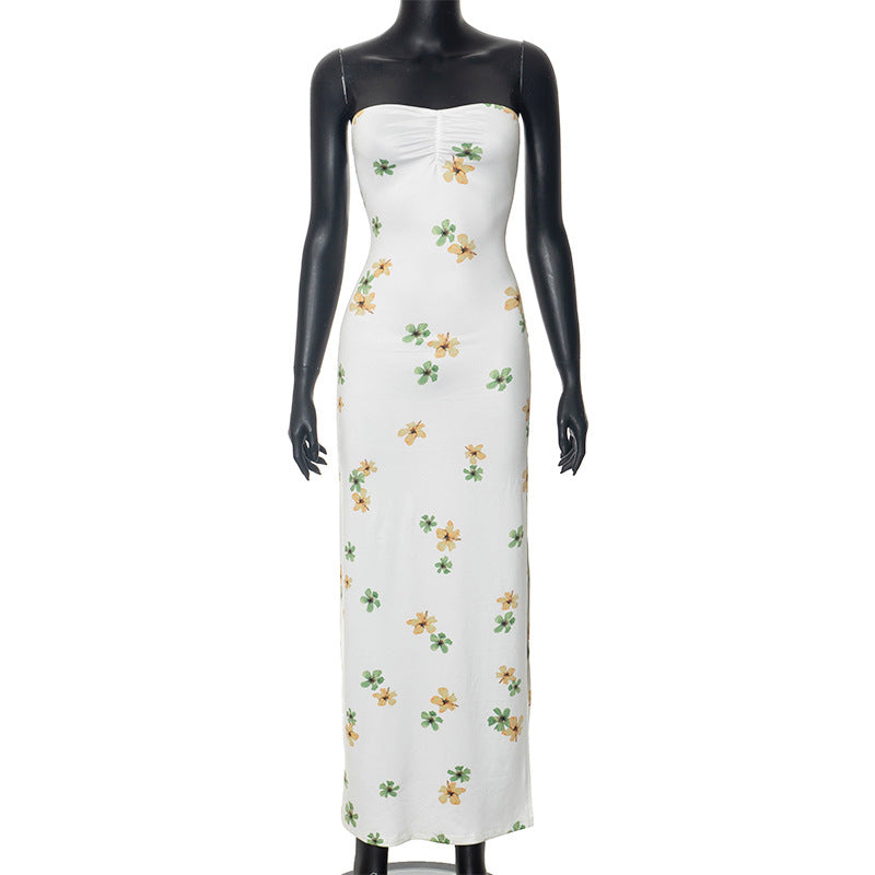 Plant Floral Print Tube Top Slit Maxi Dress Women Clothing Spring Summer