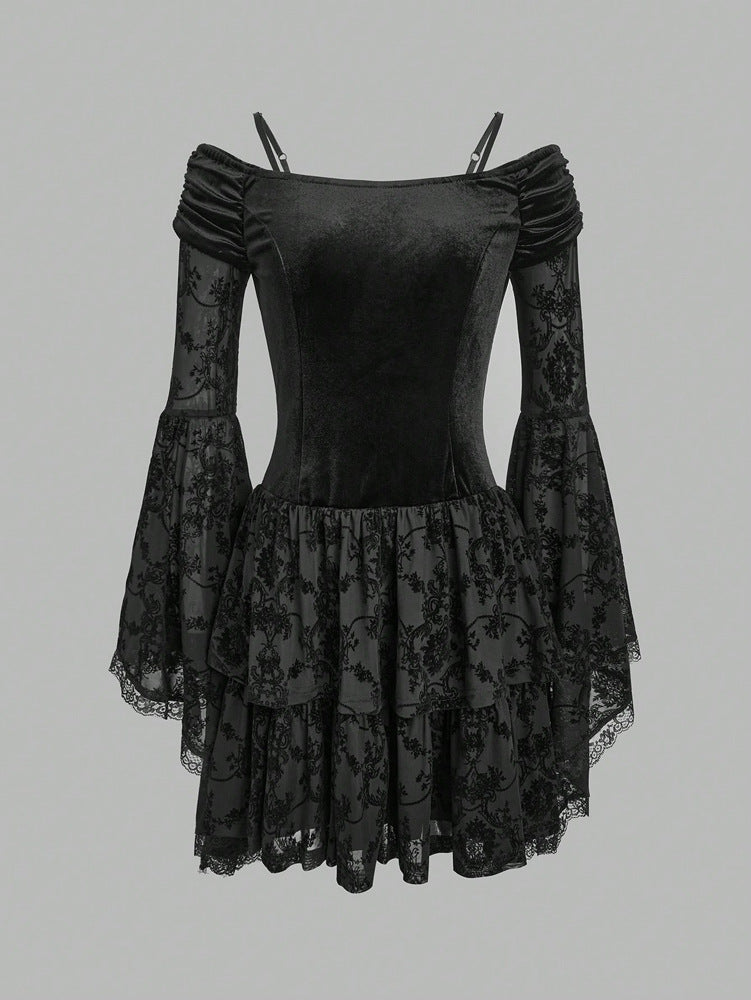 Sexy Black Flocking off Shoulder Slim Fitted Waist Flare Sleeve Dress