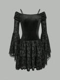 Sexy Black Flocking off Shoulder Slim Fitted Waist Flare Sleeve Dress