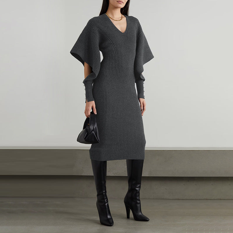 Fashionable Elegant Women Dress French Dress Autumn Slim Fit Slimming Sense of Design Mid-Length Knitted Dress