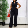 Summer Solid Color Sleeveless Collar Lace up Wide Leg Pants Jumpsuit