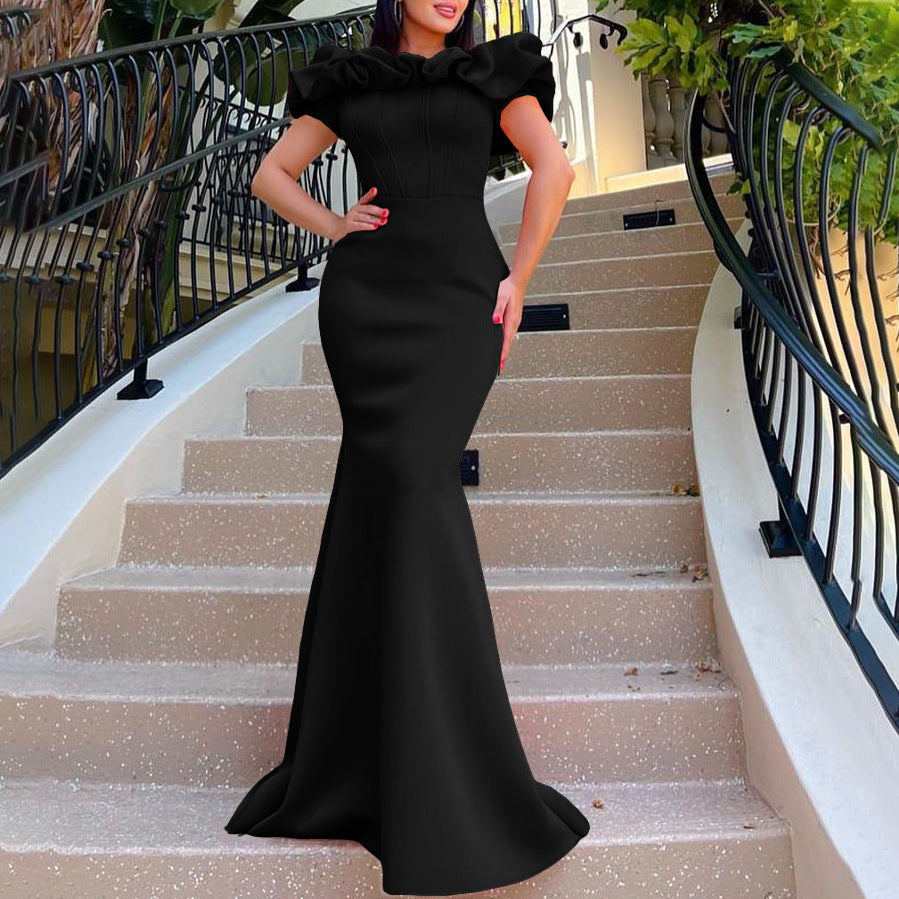 Women Wear Summer Solid Color off-Neck Fishtail Dress Maxi Dress Evening Dress