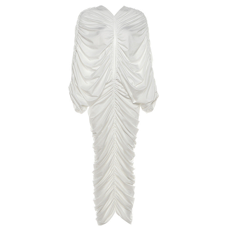 Fall Women Clothing Sexy Pleated Hollow Out Cutout Design Long Sheath Dress for Women