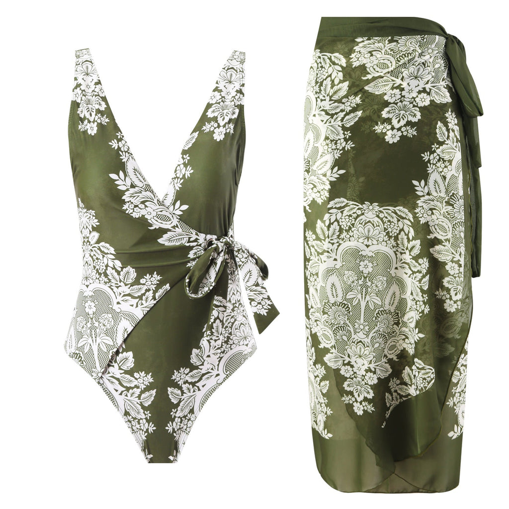 Gathering Belly Covering Sexy High Waist Bikini Split Swimsuit Set Chiffon Dress
