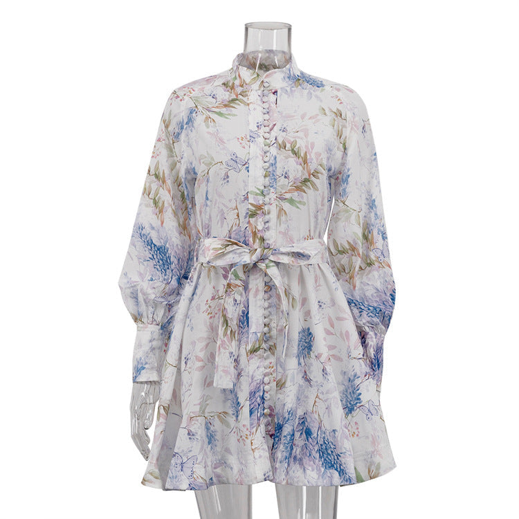 Retro French Printed Dress Women Clothing Spring Autumn Stand up Collar Puff Sleeve Lace up Floral