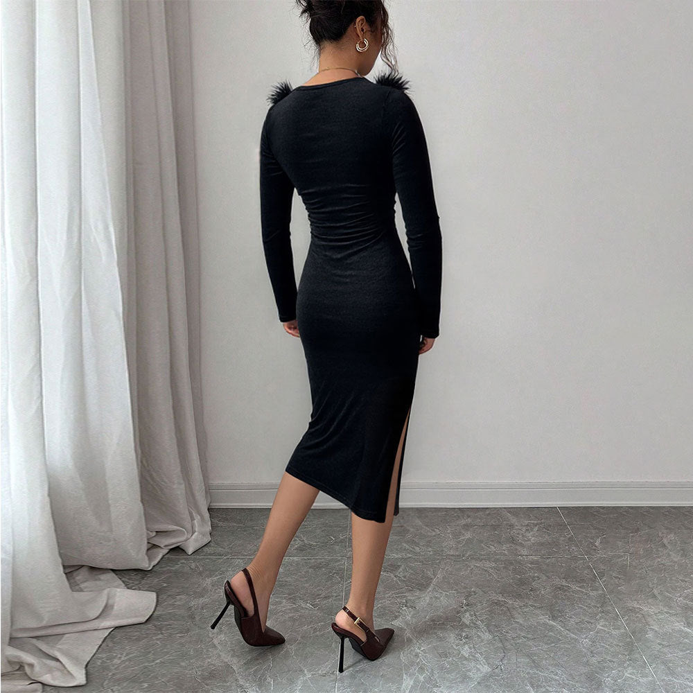 Black Plush Neckline Dress Women Fall Winter Slim Maxi Dress Side Slit Elegant Dinner Dress
