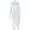 Solid Color Elegant Women Pleated Trendy Hip Dress Tight Waist round Neck Long Sleeve Asymmetric Dress