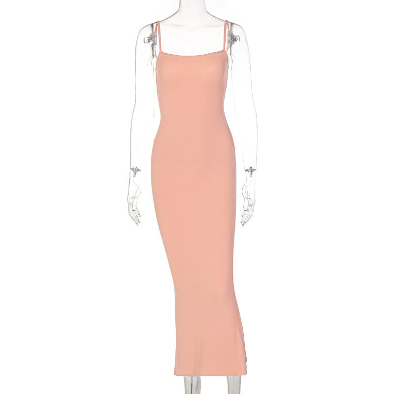 Women off Neck Strap Backless Sexy Slim Waist Mid Length Dress