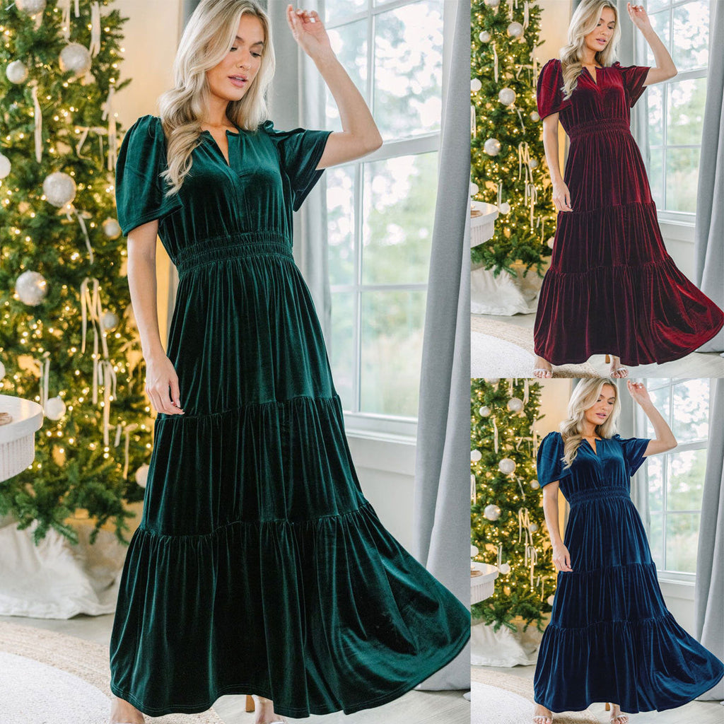 Christmas Velvet Dress for Women Short Sleeve Waist Controlled Pocket Dress Long Large Hem Sexy Dress