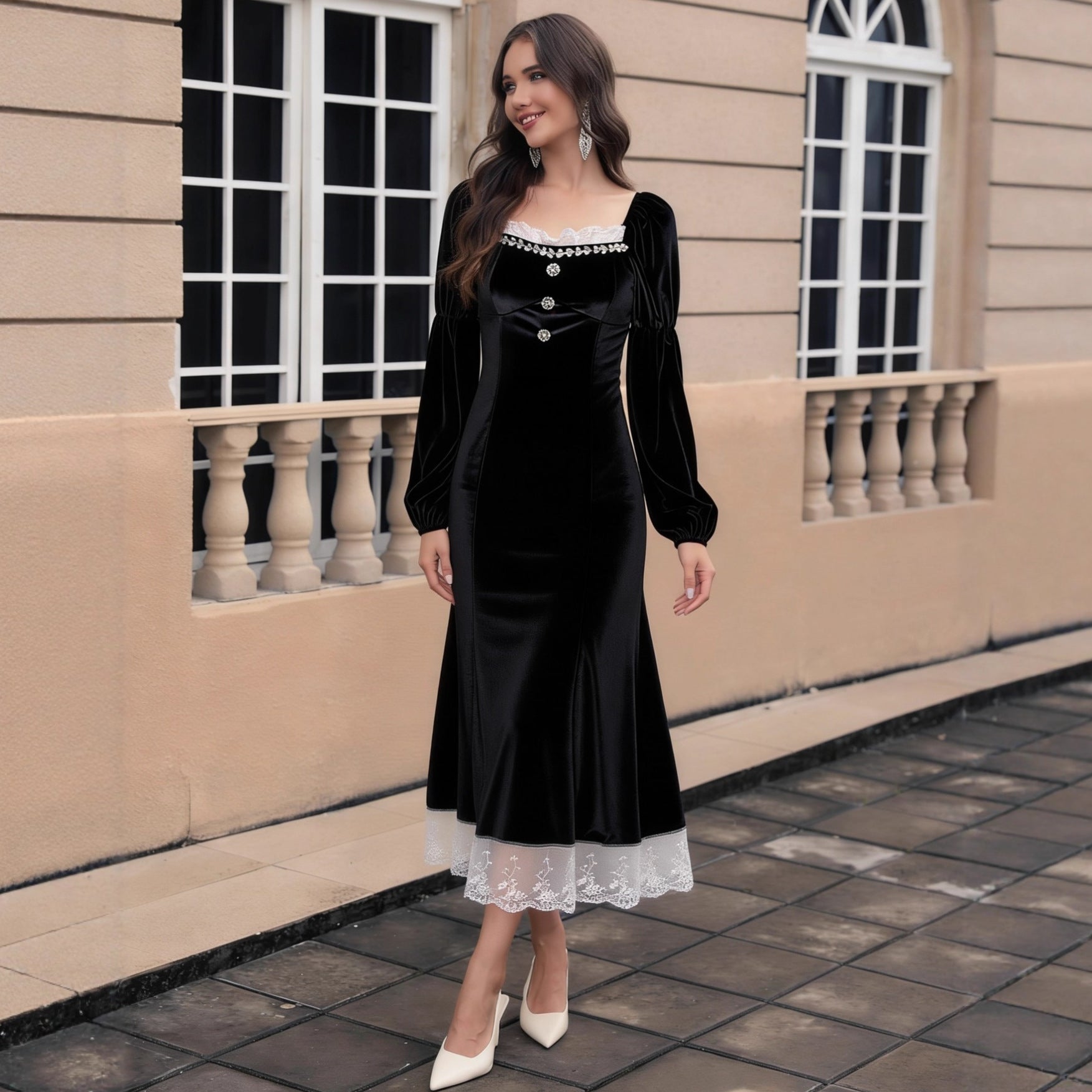 Hepburn Wind Black French Velvet Dress Women Autumn Winter Waist Tight Elegant Maxi Dress