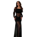 Autumn Winter Women Clothing Sexy Mesh See through off Shoulder Slim Fit Pleated Long Sleeved Dress for Women