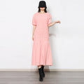 Fresh Sweet Early Spring round Neck Puff Sleeve Personalized Elastic Pleated Design Ruffled Hem Women Dress