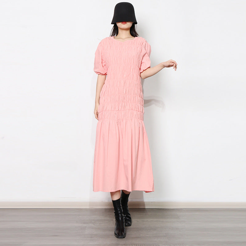 Fresh Sweet Early Spring round Neck Puff Sleeve Personalized Elastic Pleated Design Ruffled Hem Women Dress