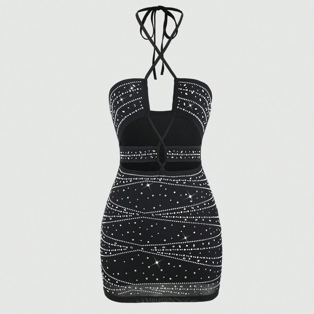 Lace up Halterneck Sexy Cutout Hip Dress Bare Back Drilling Slim Fit Jumpsuit