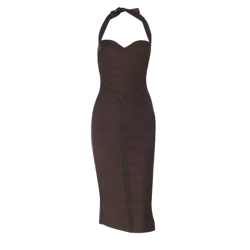 Hip Maxi Dress Knitted Wide Sunken Stripe Halter Tight Dress