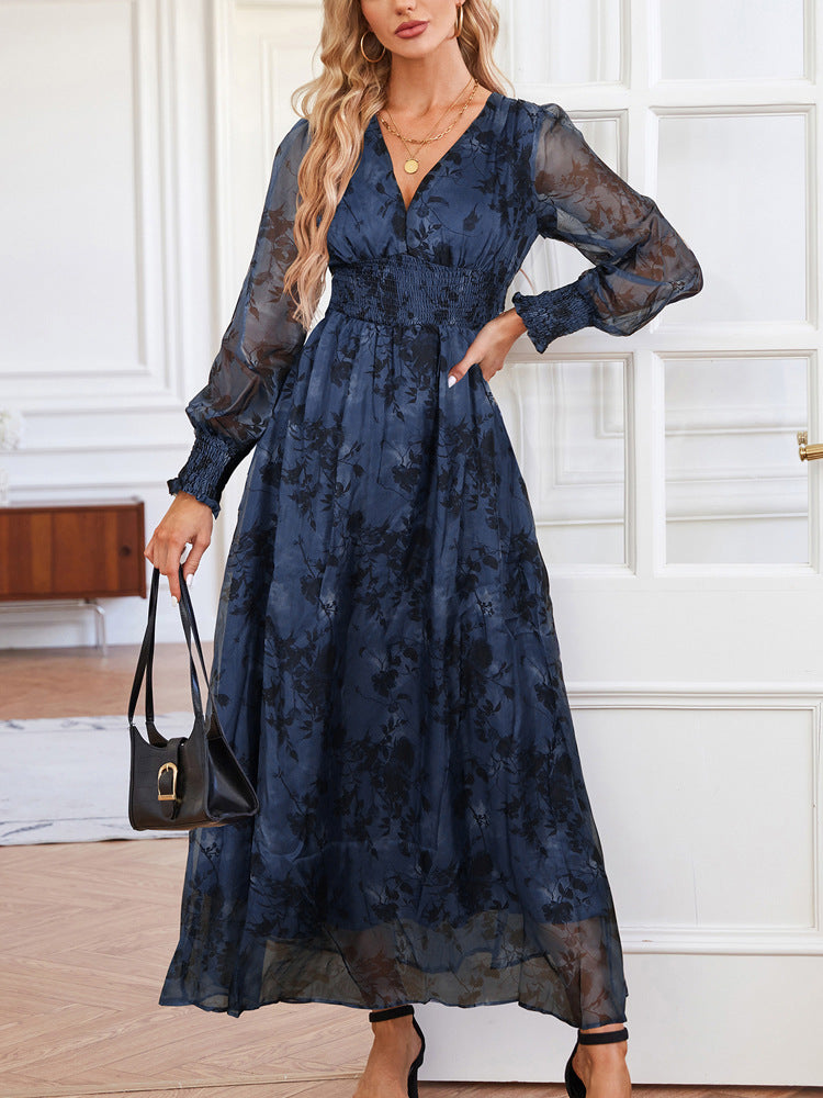 Autumn Women Casual Bohemian Printed Maxi Dress Deep V Plunge neck Long Sleeve Evening Dress