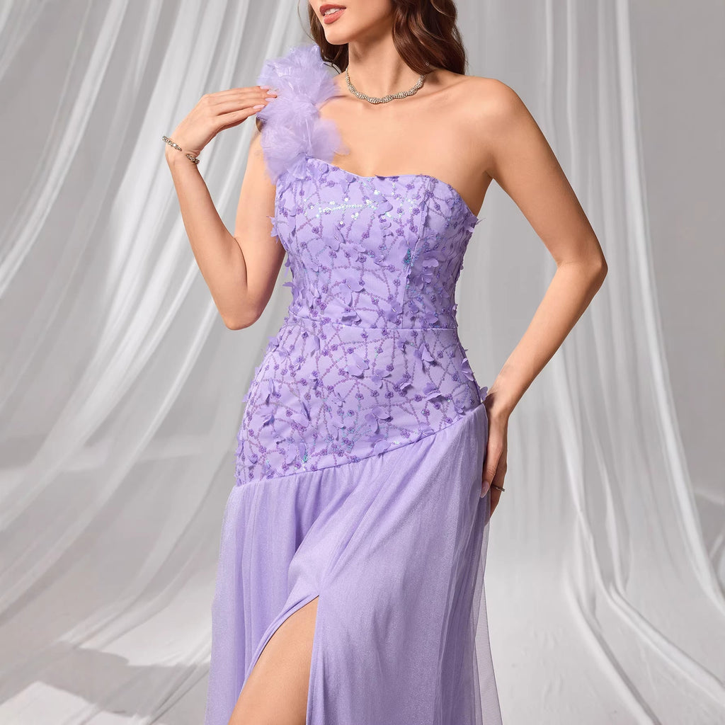 Evening Dress Group Women Solid Color Slim Fit Petals Shoulder Strap Chest Wrapped Dress