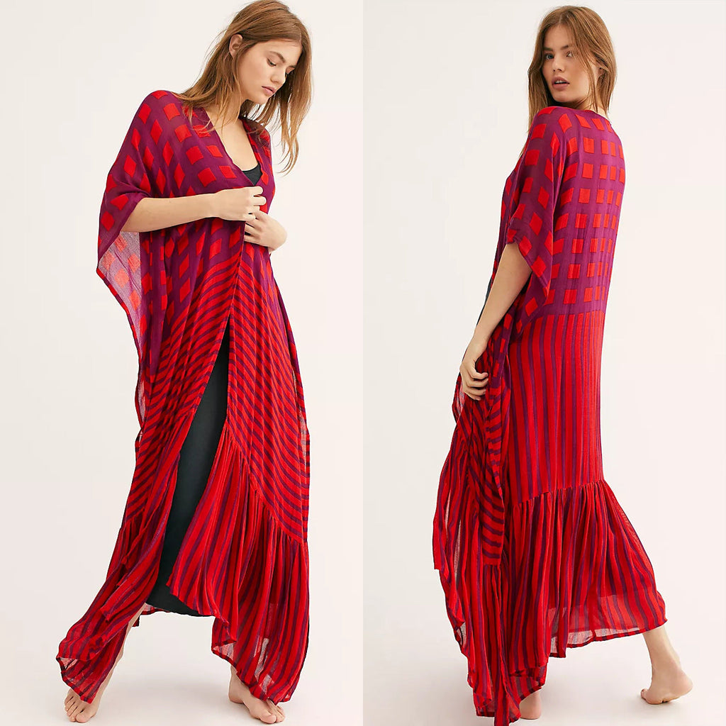 Rayon Plaid Vertical Print Cardigan Holiday Casual Beach Bikini Cover Attached Rope