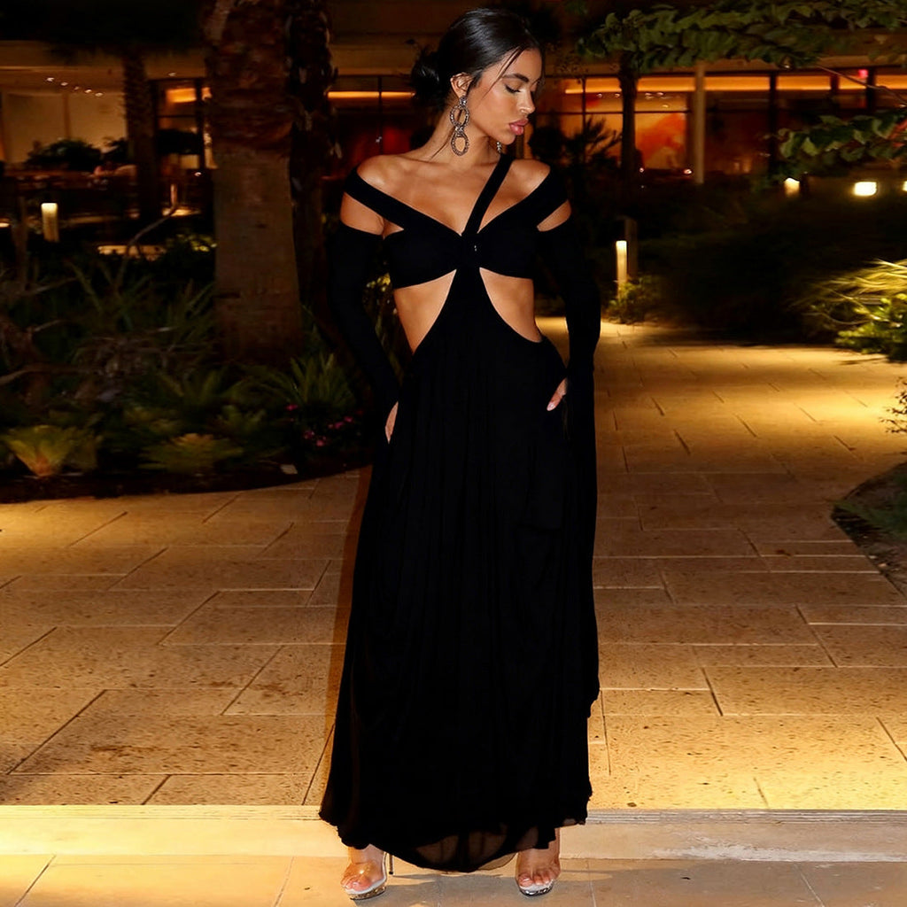 Autumn Winter Women Hanging Collar Solid Color Stitching Oversleeve Sexy Cutout Sexy Dress