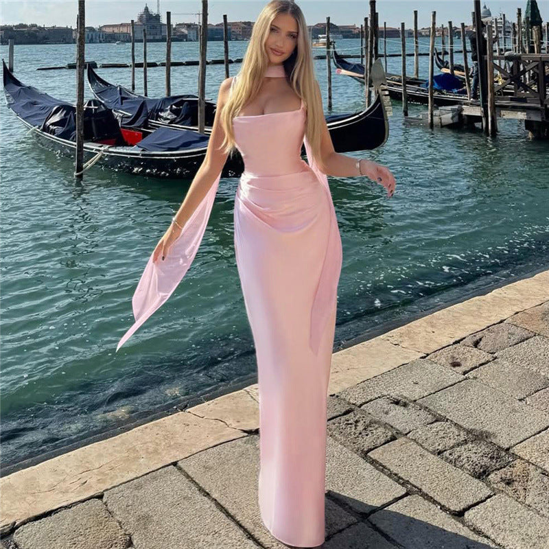 Autumn Winter Women Clothing Solid Color Scarf Collar Pleated Sexy Slim Fit Backless Dress for Women