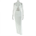 Women Clothing Hollowed Split Pleated Backless Hip Dress Cross Halterneck Solid Color Length Dress