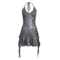 Sexy Women Clothing Bright Silk Leopard Print Irregular Asymmetric Spaghetti Strap Dress Sexy Two Wear Ribbon Lotus Leaf Hip