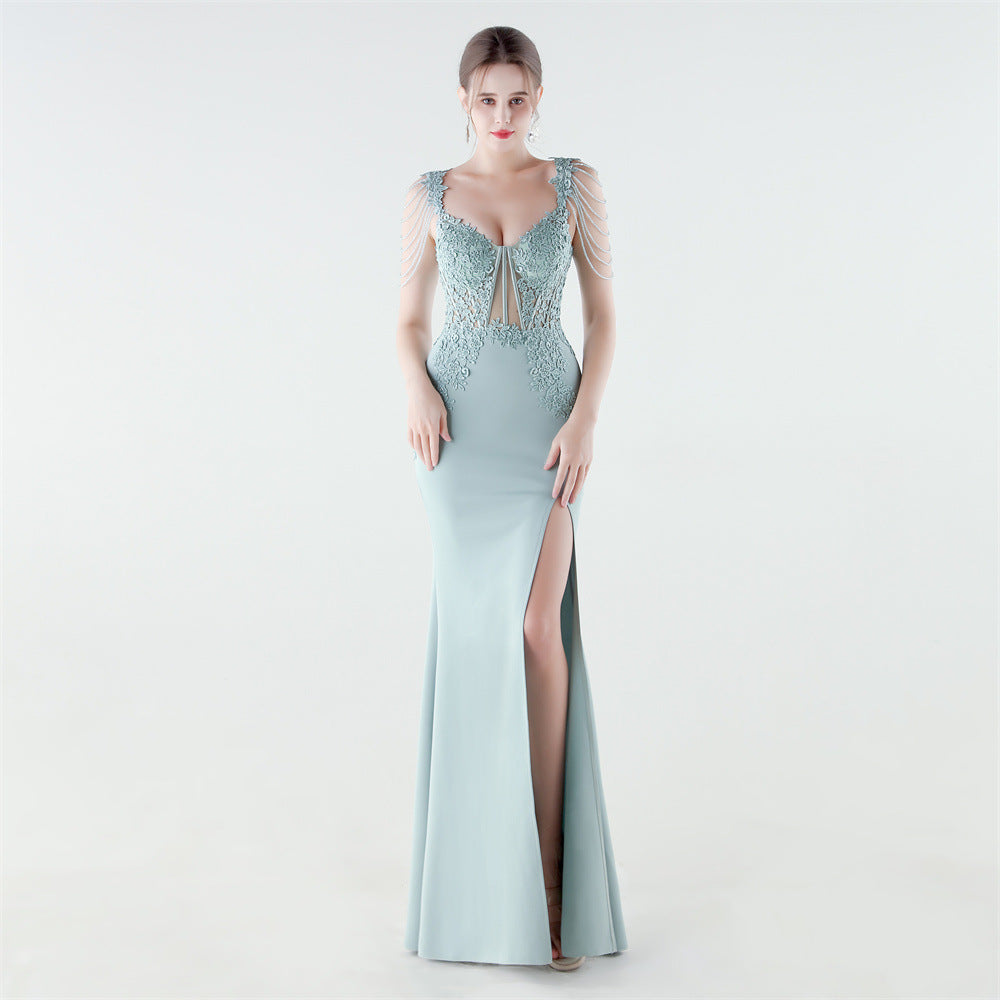 Heavy Industry Boning Corset Waist Binding Rhinestone Floral Evening Dress