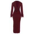 Autumn Winter Women Long Sleeved Tassel Sexy Deep V Plunge neck Solid Color Knitted Hip Wrapped Sexy Dress