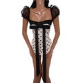 Summer Women Bow Polka Dot Short Sexy Lace Stitching Tight Waist Hip Dress